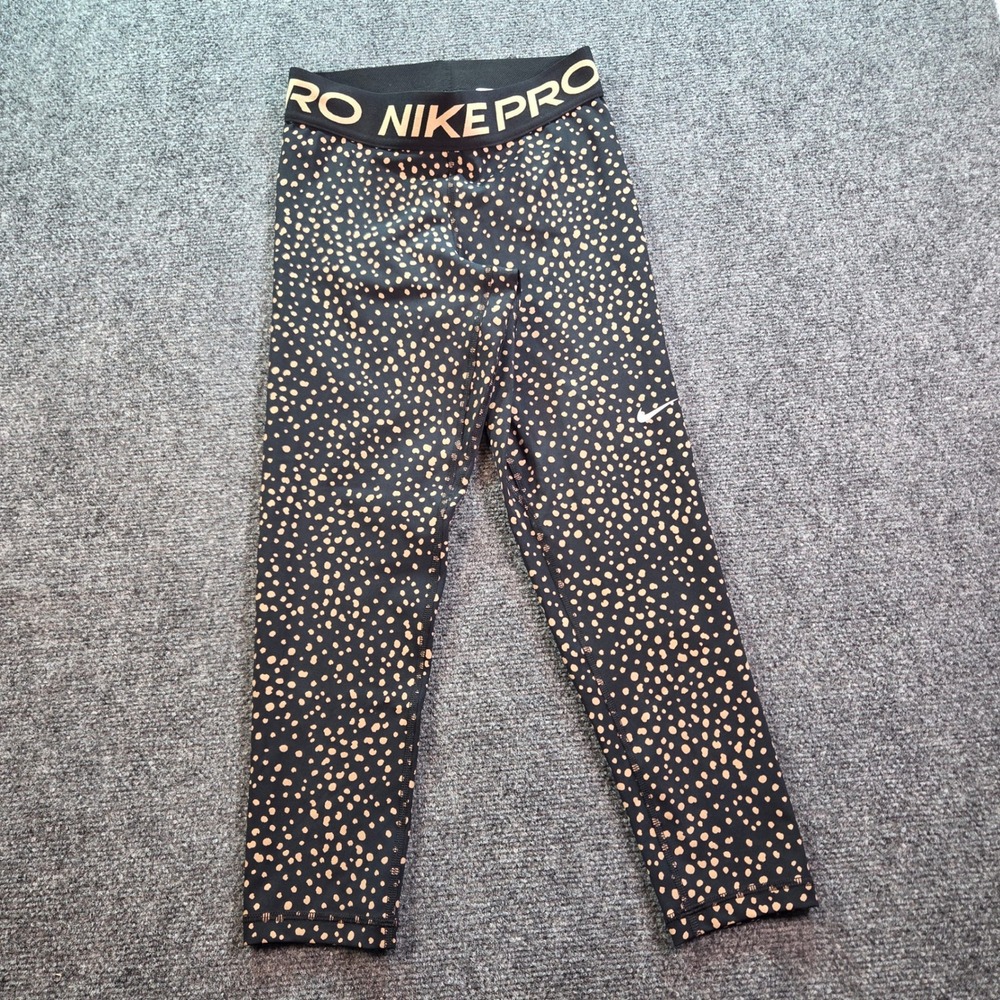 Nike Pro Dri-FIT Leggings Womens‎ Small Black Gold Dotted Print Cropped Pants